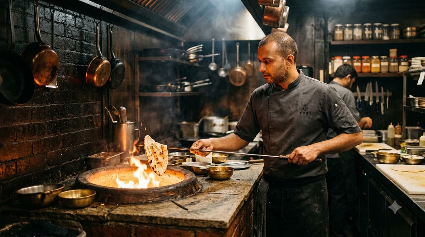 Angithi Chefs working at open wood-fire tandoor kitchen